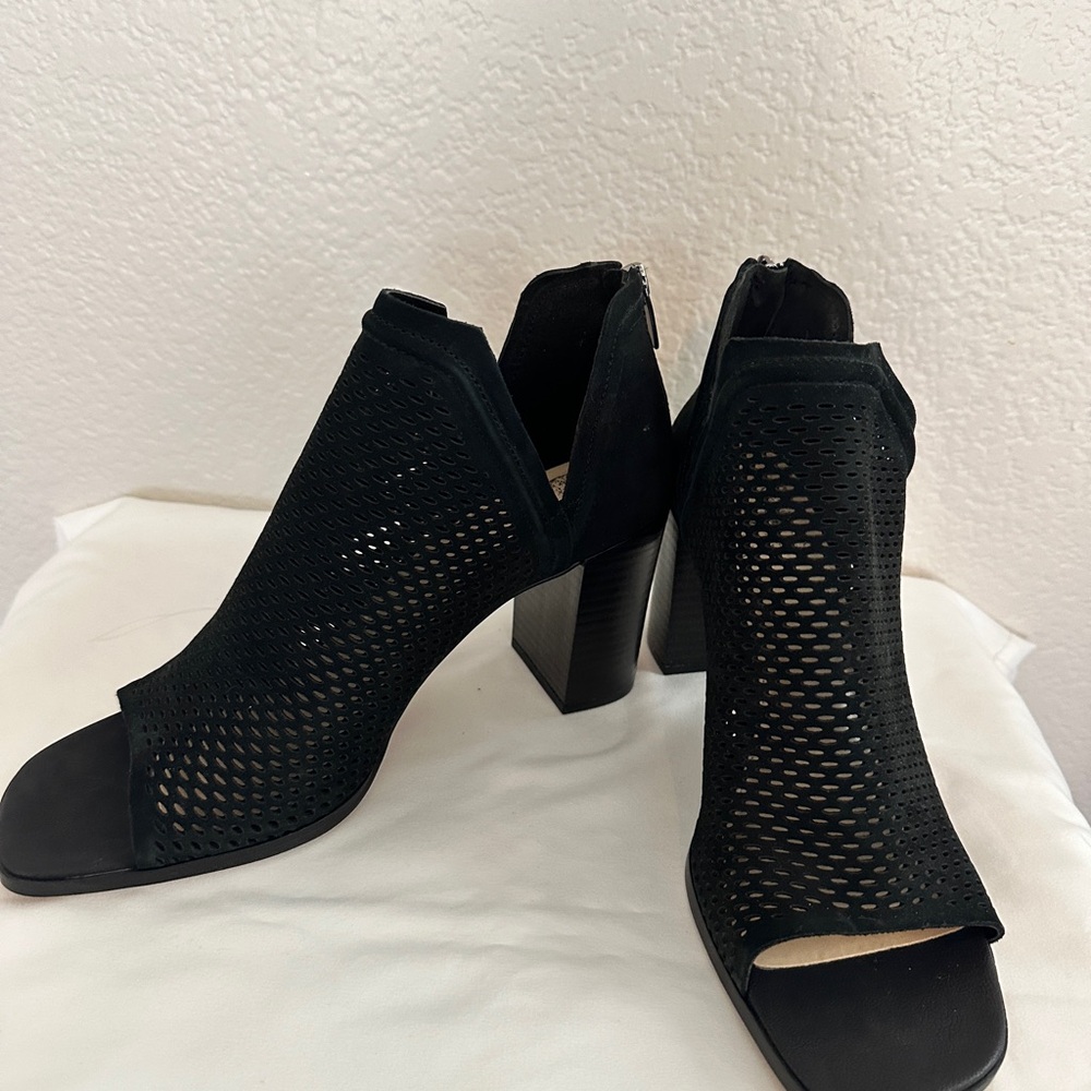 Vince Camuto Black Heeled Boots with Peep-Toe Design